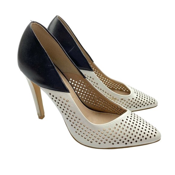 French Connection Maya Pumps Size 37.5 US 7.5 Perforated Leather Pointy Toe - Picture 10 of 12